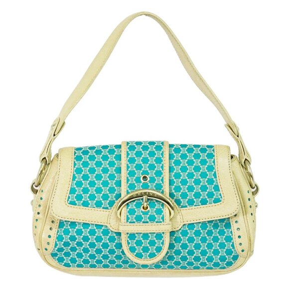 CELINE Macadam Canvas Leather Shoulder Handbag Light-Blue Beige Gold - Picture 1 of 10